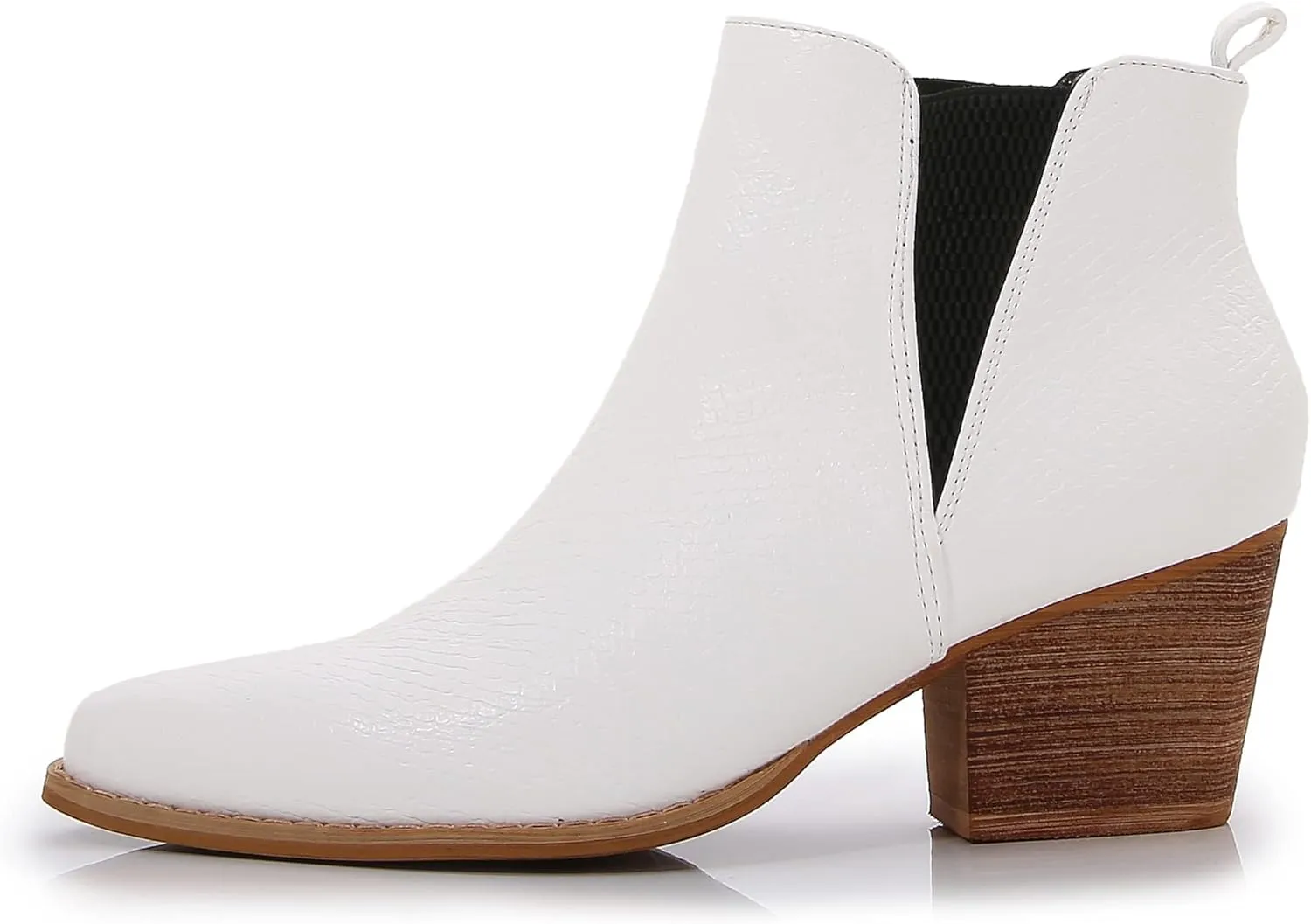 mm Women's Pointed Toe Mid Heels Chelsea Ankle Boots, Slip On Elastic Chunky Block Wooden Heel Short Western Booties for Ladies, Fall, Black, Brown, Snake White