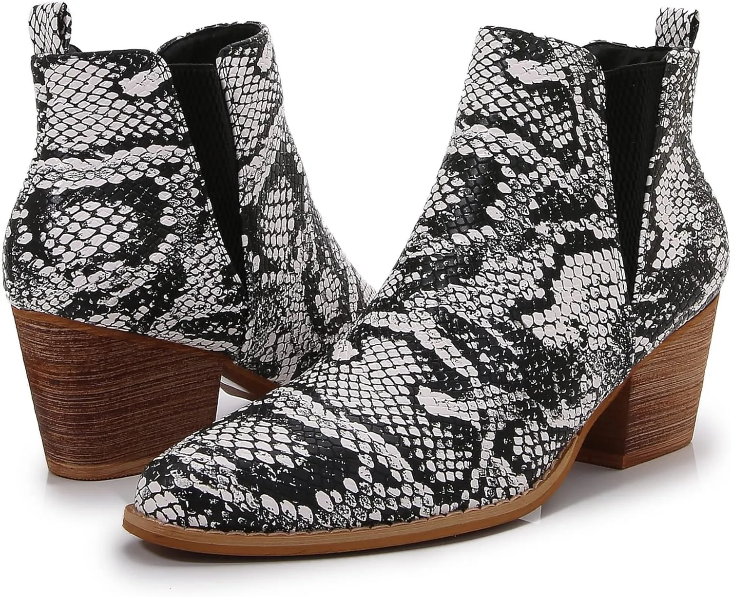 mm Women's Pointed Toe Mid Heels Chelsea Ankle Boots, Slip On Elastic Chunky Block Wooden Heel Short Western Booties for Ladies, Fall, Black, Brown, Snake White