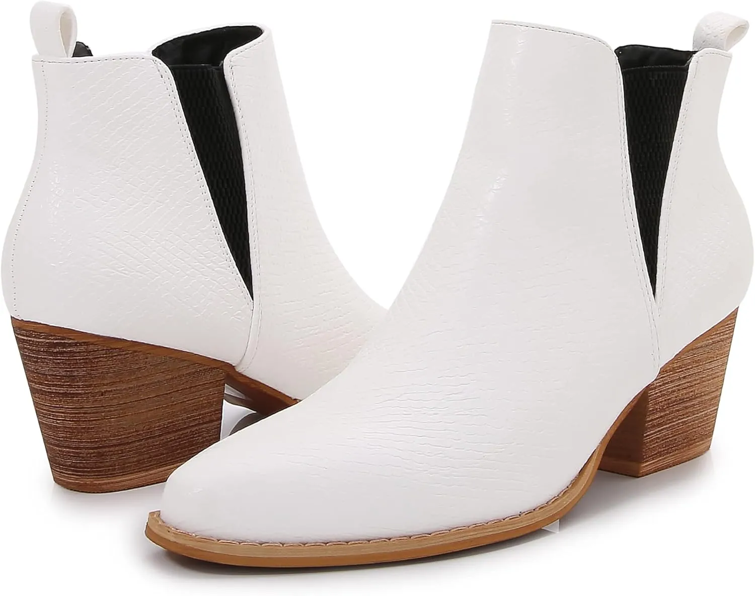 mm Women's Pointed Toe Mid Heels Chelsea Ankle Boots, Slip On Elastic Chunky Block Wooden Heel Short Western Booties for Ladies, Fall, Black, Brown, Snake White