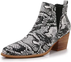 mm Women's Pointed Toe Mid Heels Chelsea Ankle Boots, Slip On Elastic Chunky Block Wooden Heel Short Western Booties for Ladies, Fall, Black, Brown, Snake White