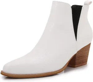 mm Women's Pointed Toe Mid Heels Chelsea Ankle Boots, Slip On Elastic Chunky Block Wooden Heel Short Western Booties for Ladies, Fall, Black, Brown, Snake White