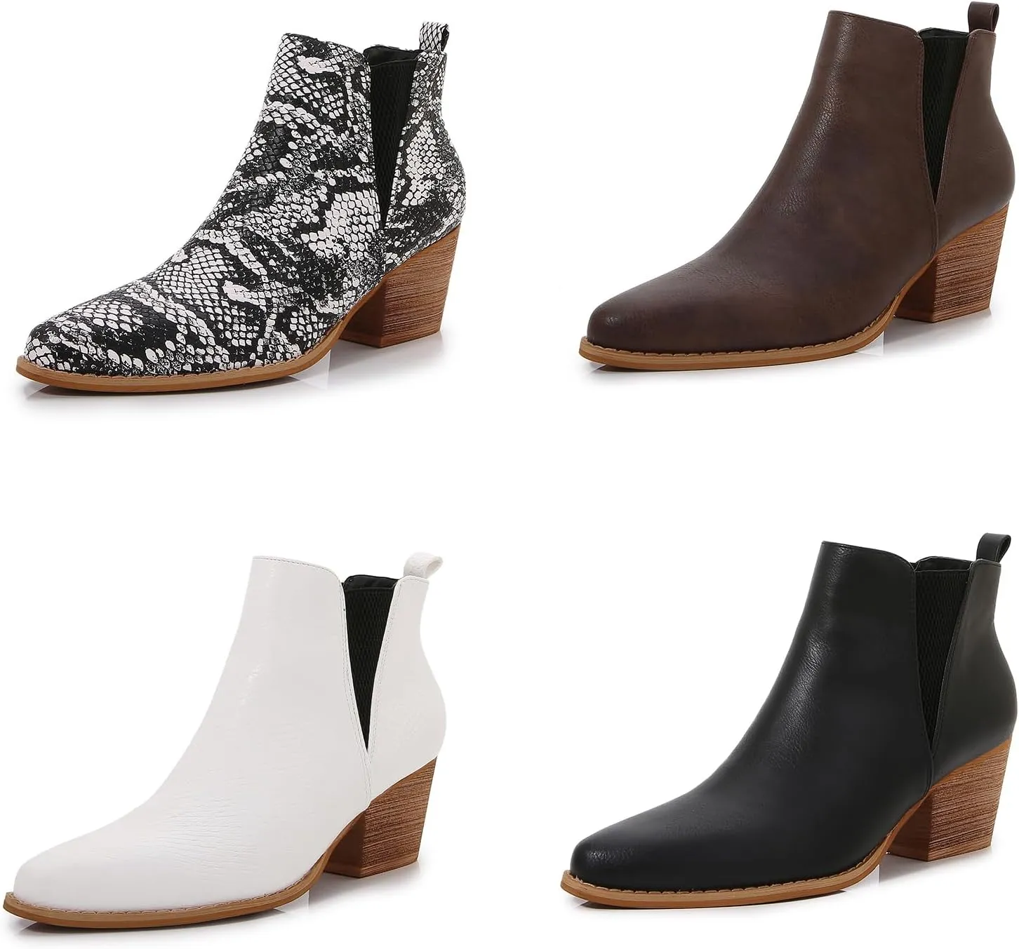 mm Women's Pointed Toe Mid Heels Chelsea Ankle Boots, Slip On Elastic Chunky Block Wooden Heel Short Western Booties for Ladies, Fall, Black, Brown, Snake White
