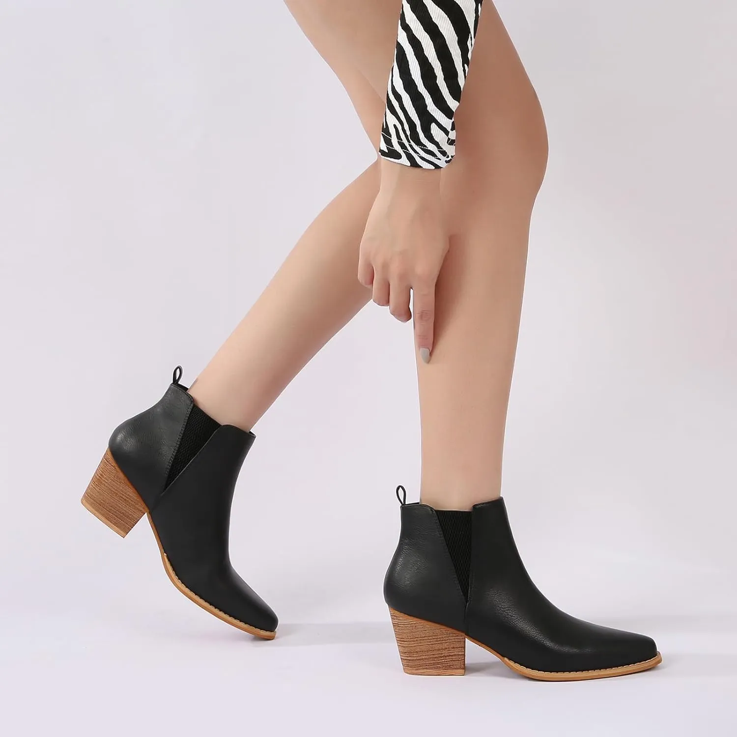 mm Women's Pointed Toe Mid Heels Chelsea Ankle Boots, Slip On Elastic Chunky Block Wooden Heel Short Western Booties for Ladies, Fall, Black, Brown, Snake White