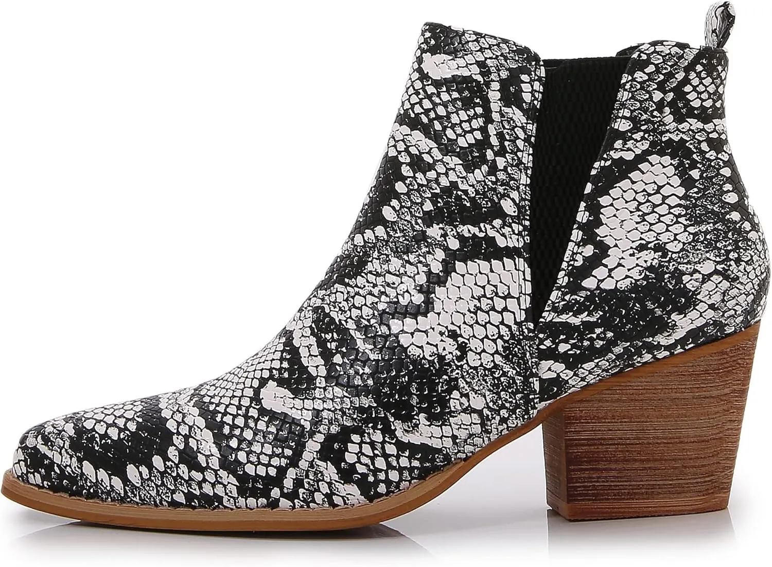 mm Women's Pointed Toe Mid Heels Chelsea Ankle Boots, Slip On Elastic Chunky Block Wooden Heel Short Western Booties for Ladies, Fall, Black, Brown, Snake White