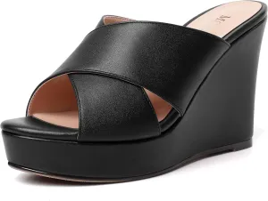 MODENCOCO Womens Open Toe Fashion Matte Slip On Platform Casual Wedge High Heel Heeled Dressy Sandals 4 Inch