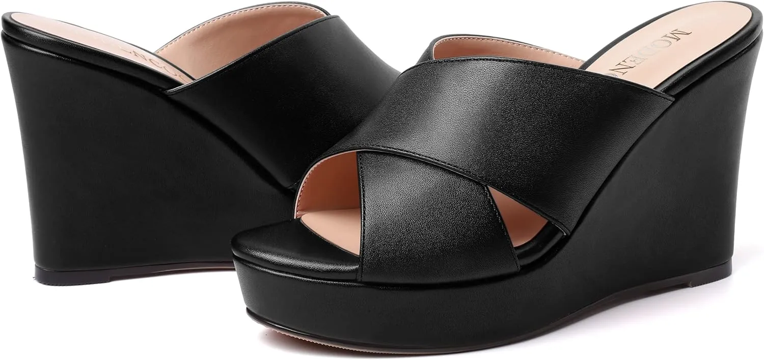 MODENCOCO Womens Open Toe Fashion Matte Slip On Platform Casual Wedge High Heel Heeled Dressy Sandals 4 Inch
