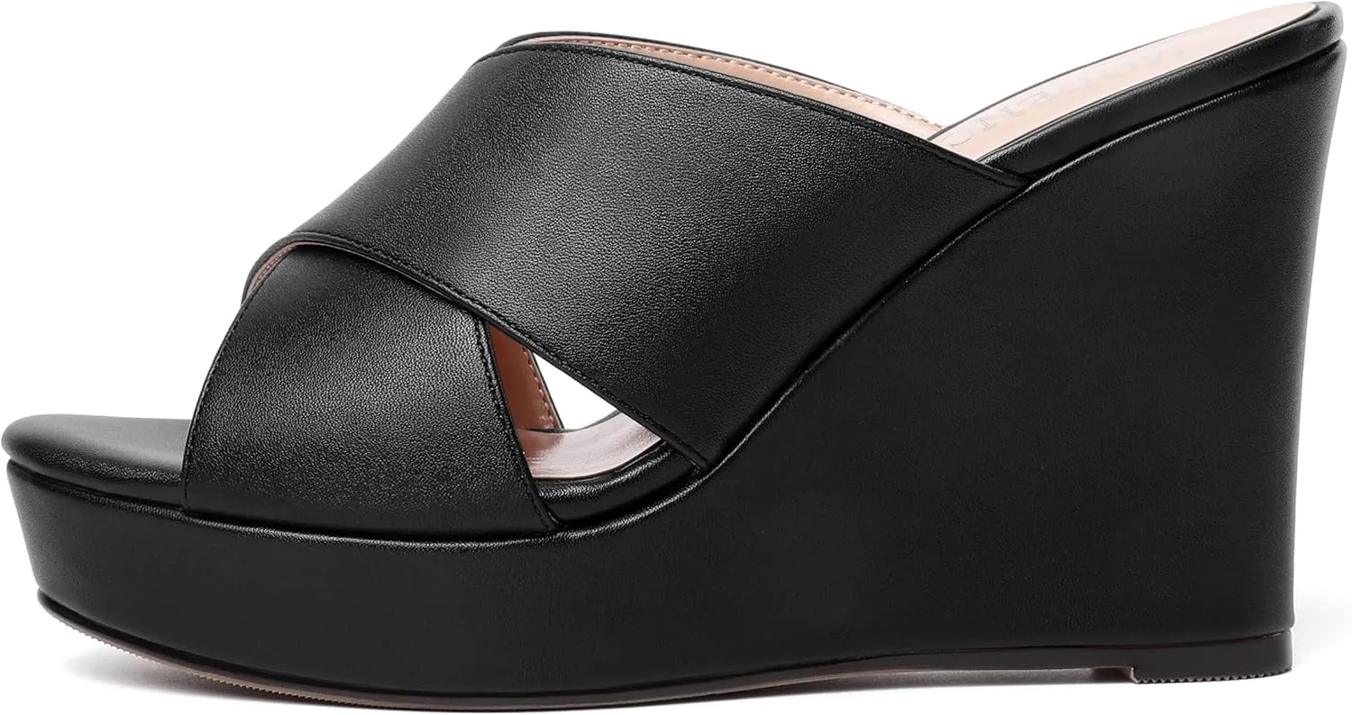 MODENCOCO Womens Open Toe Fashion Matte Slip On Platform Casual Wedge High Heel Heeled Dressy Sandals 4 Inch