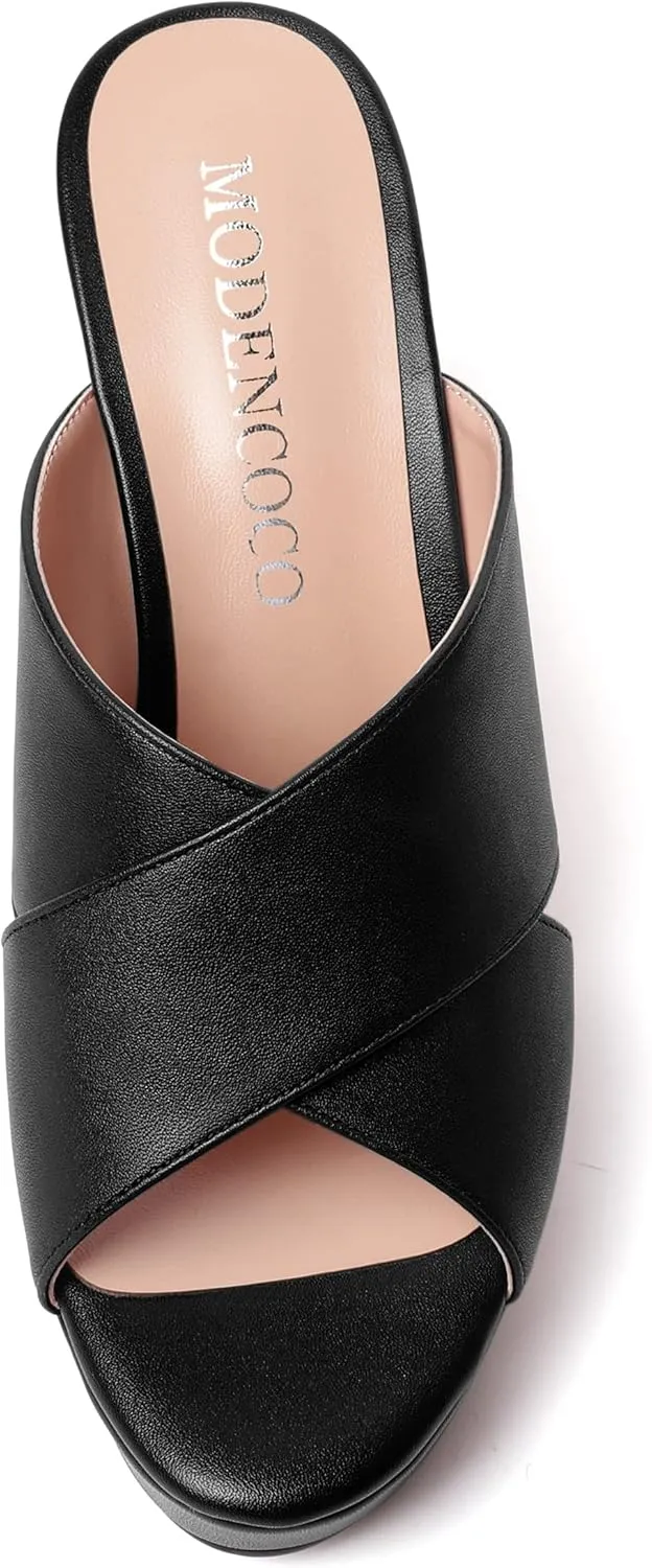 MODENCOCO Womens Open Toe Fashion Matte Slip On Platform Casual Wedge High Heel Heeled Dressy Sandals 4 Inch