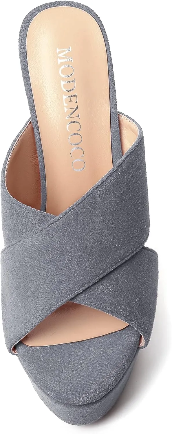 MODENCOCO Womens Platform Sexy Slip On Casual Open Toe Slide Suede Wedge High Heel Heeled Sandals 6 Inch