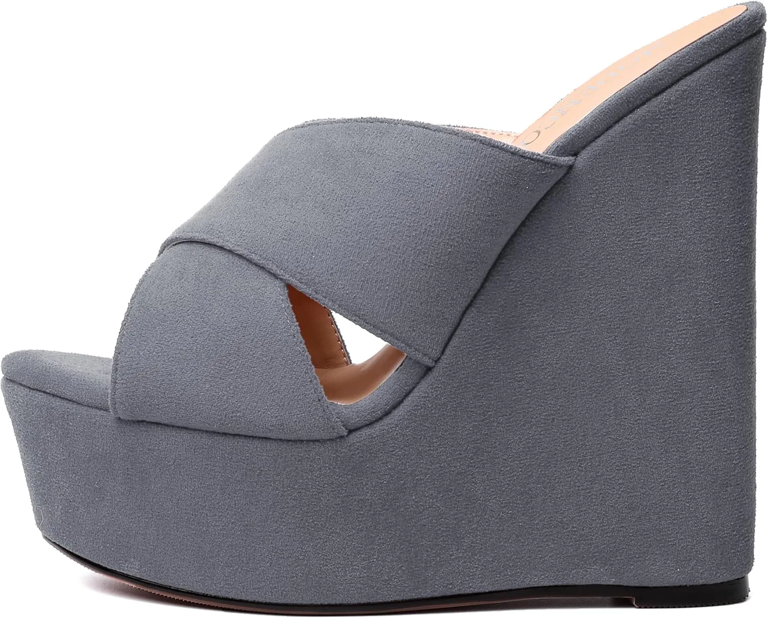 MODENCOCO Womens Platform Sexy Slip On Casual Open Toe Slide Suede Wedge High Heel Heeled Sandals 6 Inch