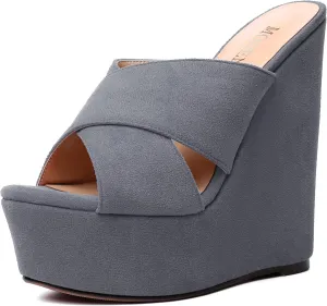 MODENCOCO Womens Platform Sexy Slip On Casual Open Toe Slide Suede Wedge High Heel Heeled Sandals 6 Inch