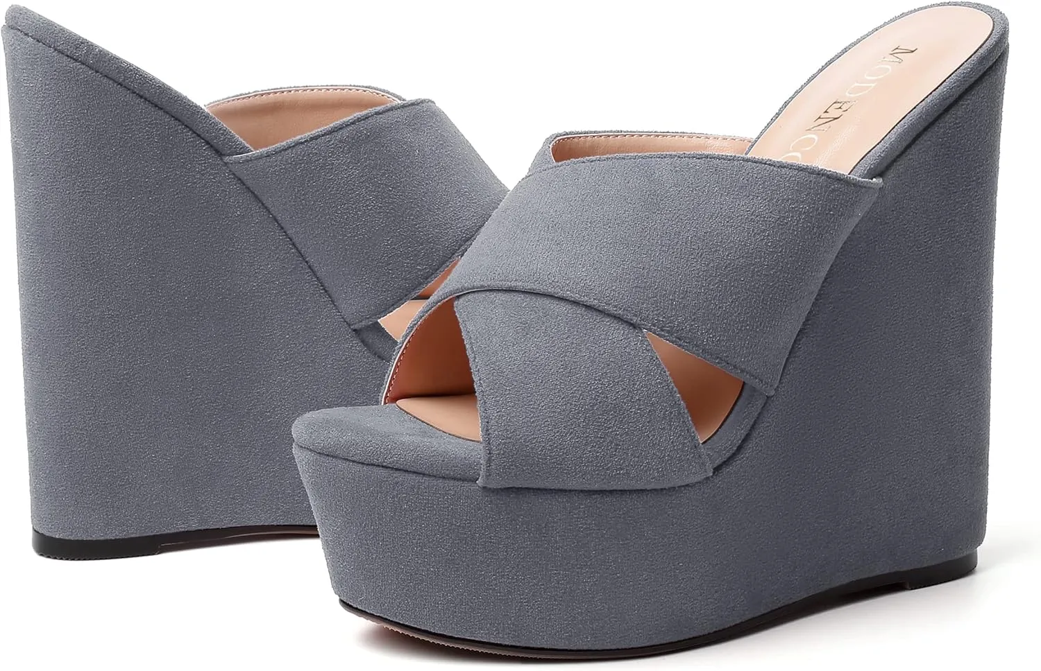 MODENCOCO Womens Platform Sexy Slip On Casual Open Toe Slide Suede Wedge High Heel Heeled Sandals 6 Inch