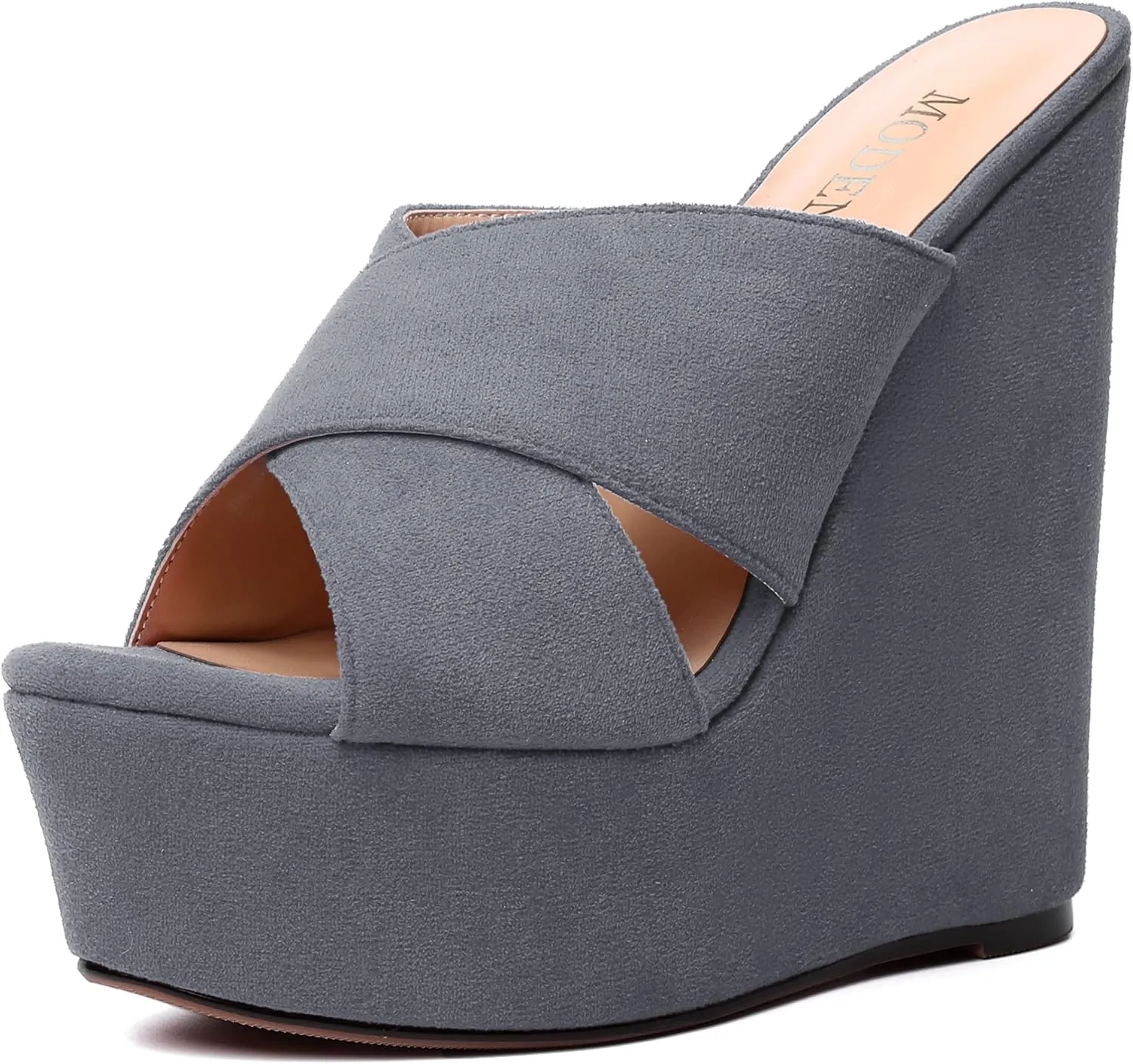 MODENCOCO Womens Platform Sexy Slip On Casual Open Toe Slide Suede Wedge High Heel Heeled Sandals 6 Inch