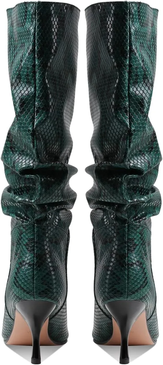 MOOMMO Women's Low Kitten Heel Mid Calf Western Boots Pointed Toe Wide Calf Animal Print Slouchy Combat Boots Pull On 2 Inch heel Pleated Crocodile Snakeskin Boots Knee High Dressy Comfort 4-11 M US