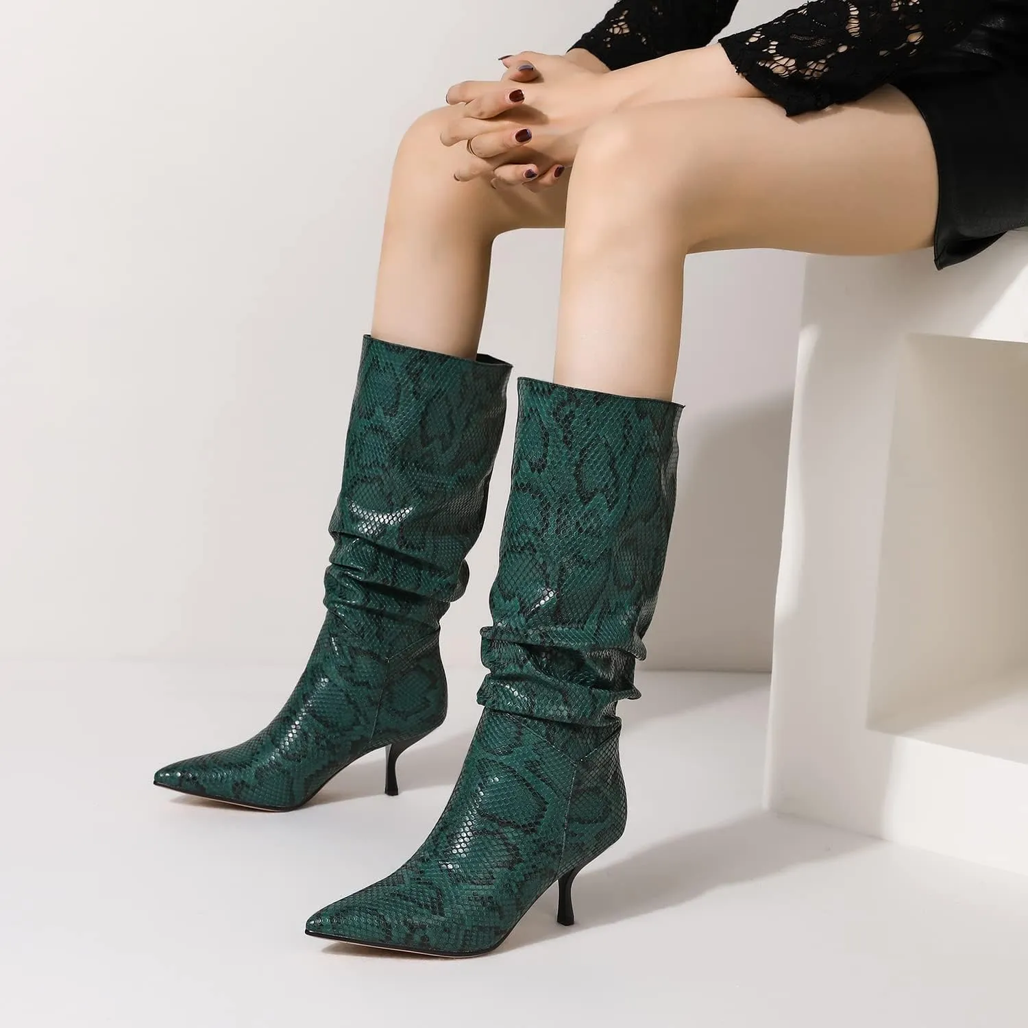 MOOMMO Women's Low Kitten Heel Mid Calf Western Boots Pointed Toe Wide Calf Animal Print Slouchy Combat Boots Pull On 2 Inch heel Pleated Crocodile Snakeskin Boots Knee High Dressy Comfort 4-11 M US