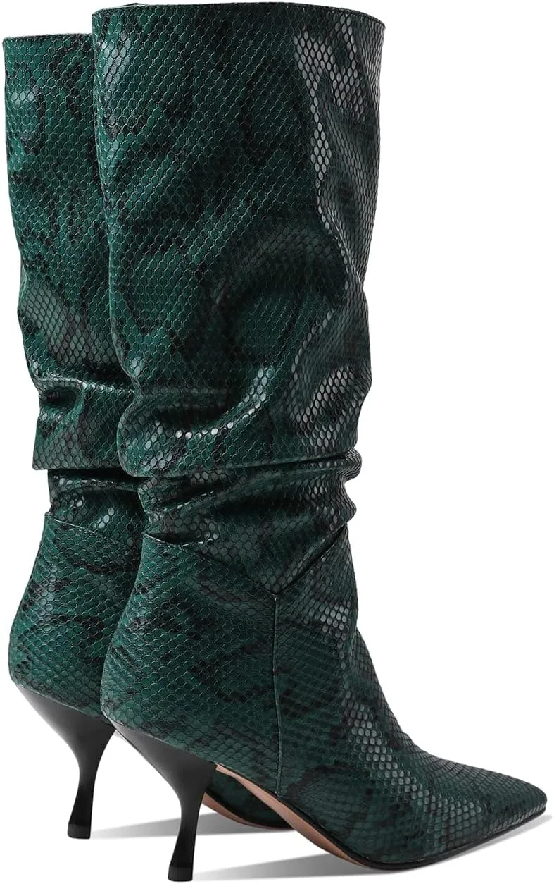 MOOMMO Women's Low Kitten Heel Mid Calf Western Boots Pointed Toe Wide Calf Animal Print Slouchy Combat Boots Pull On 2 Inch heel Pleated Crocodile Snakeskin Boots Knee High Dressy Comfort 4-11 M US