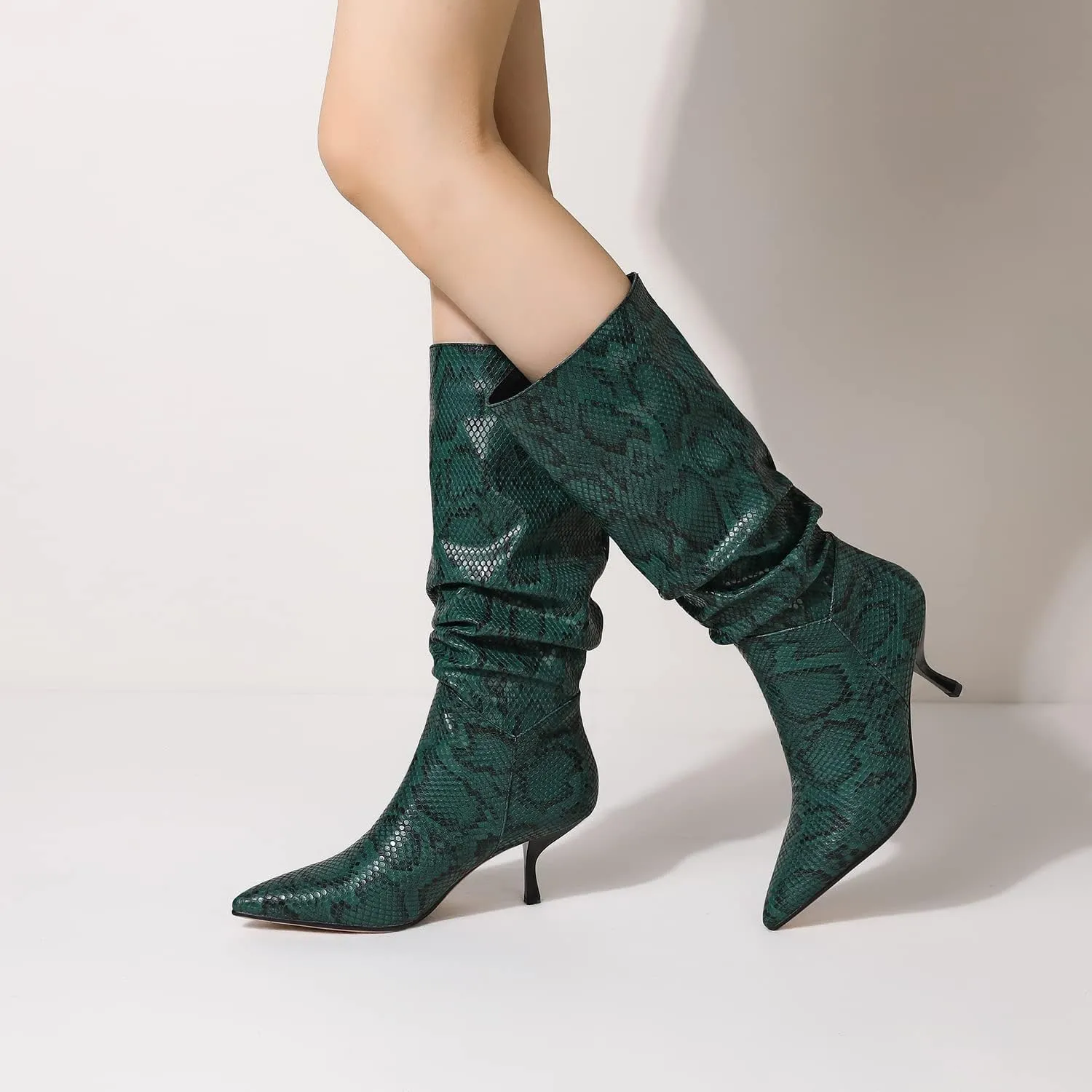 MOOMMO Women's Low Kitten Heel Mid Calf Western Boots Pointed Toe Wide Calf Animal Print Slouchy Combat Boots Pull On 2 Inch heel Pleated Crocodile Snakeskin Boots Knee High Dressy Comfort 4-11 M US