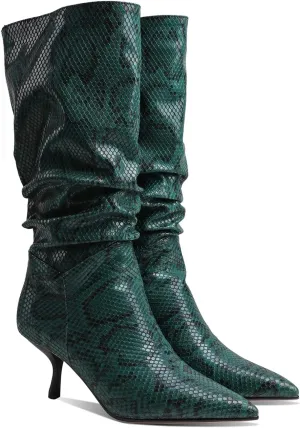 MOOMMO Women's Low Kitten Heel Mid Calf Western Boots Pointed Toe Wide Calf Animal Print Slouchy Combat Boots Pull On 2 Inch heel Pleated Crocodile Snakeskin Boots Knee High Dressy Comfort 4-11 M US