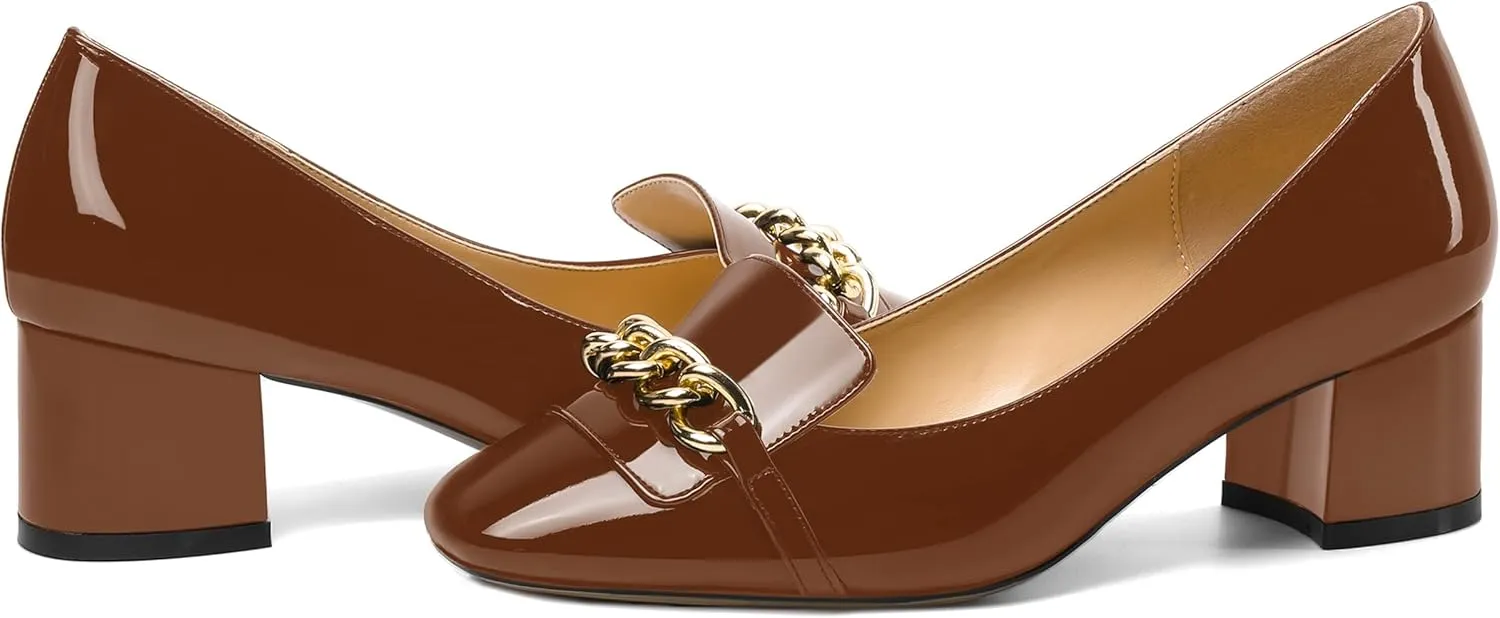 MOVINSTEPS Womens Slip On Square Toe Metal Chain Office Loafers Patent Chunky Low Heel Pumps Shoes 2 Inch