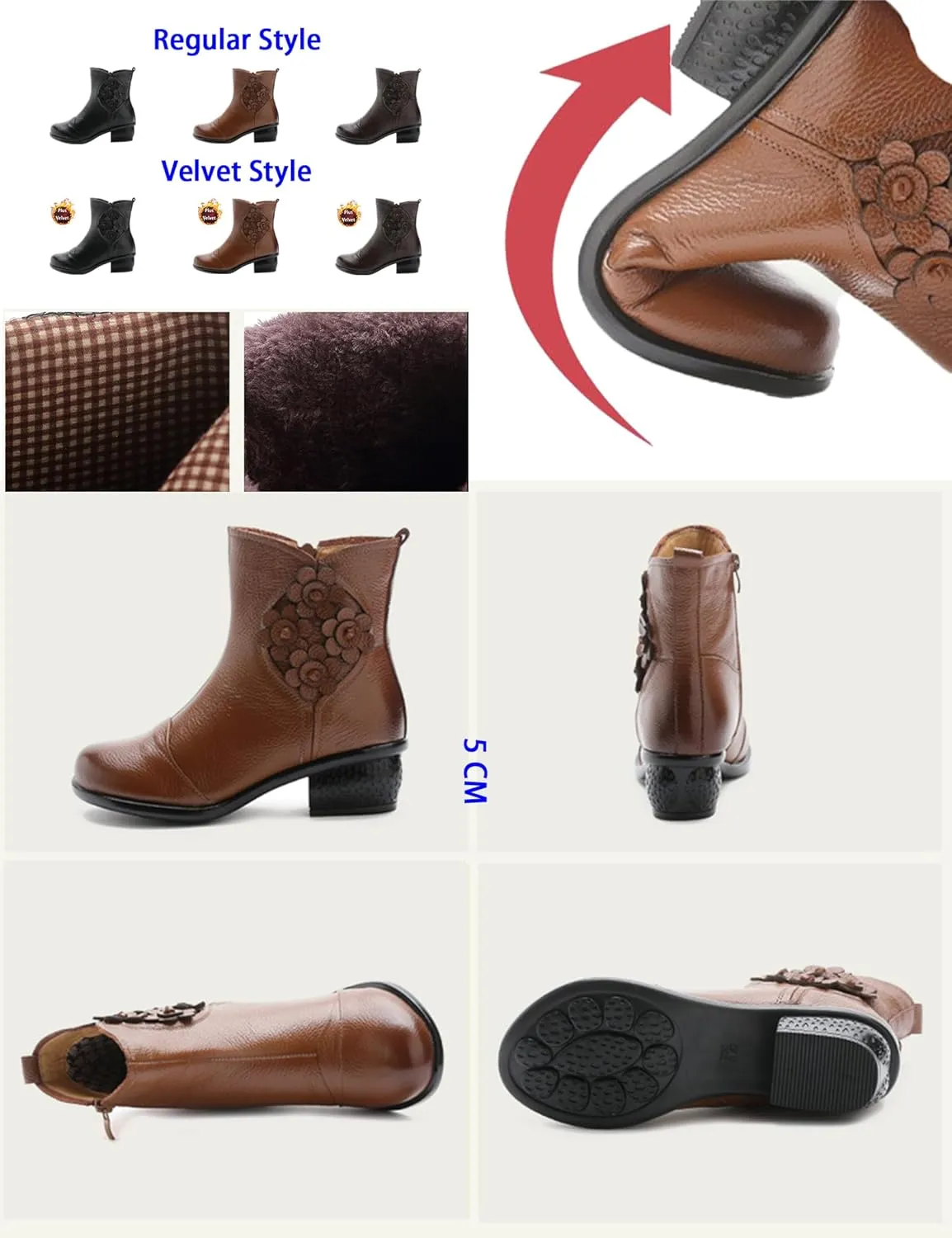 MOYOWEI Women's Leather Zipper Casual Dress Boots,Fall/Winter Comfort Chunky Block Soft Sole Flowers Oxford Short Ankle Boots