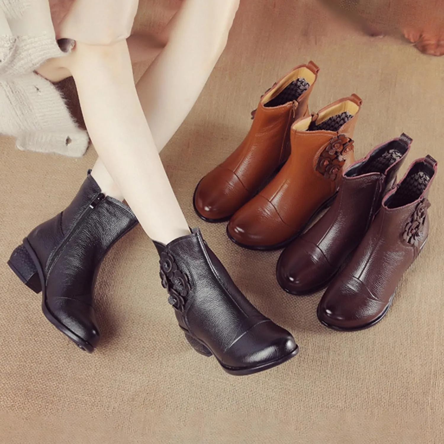 MOYOWEI Women's Leather Zipper Casual Dress Boots,Fall/Winter Comfort Chunky Block Soft Sole Flowers Oxford Short Ankle Boots