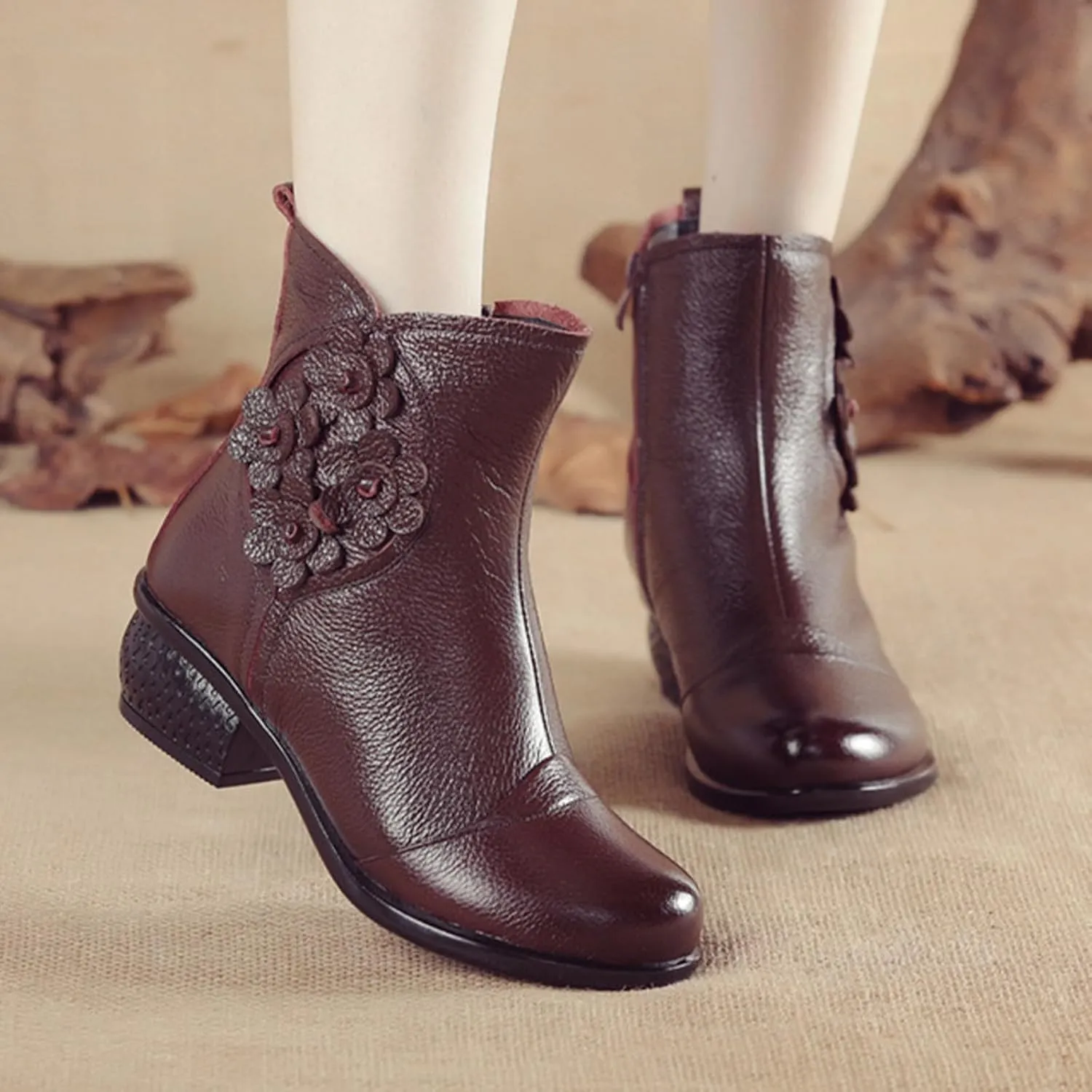 MOYOWEI Women's Leather Zipper Casual Dress Boots,Fall/Winter Comfort Chunky Block Soft Sole Flowers Oxford Short Ankle Boots