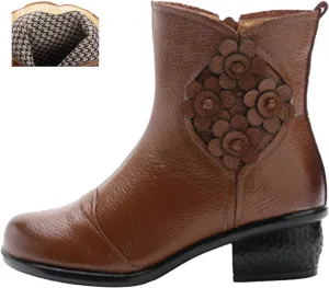 MOYOWEI Women's Leather Zipper Casual Dress Boots,Fall/Winter Comfort Chunky Block Soft Sole Flowers Oxford Short Ankle Boots