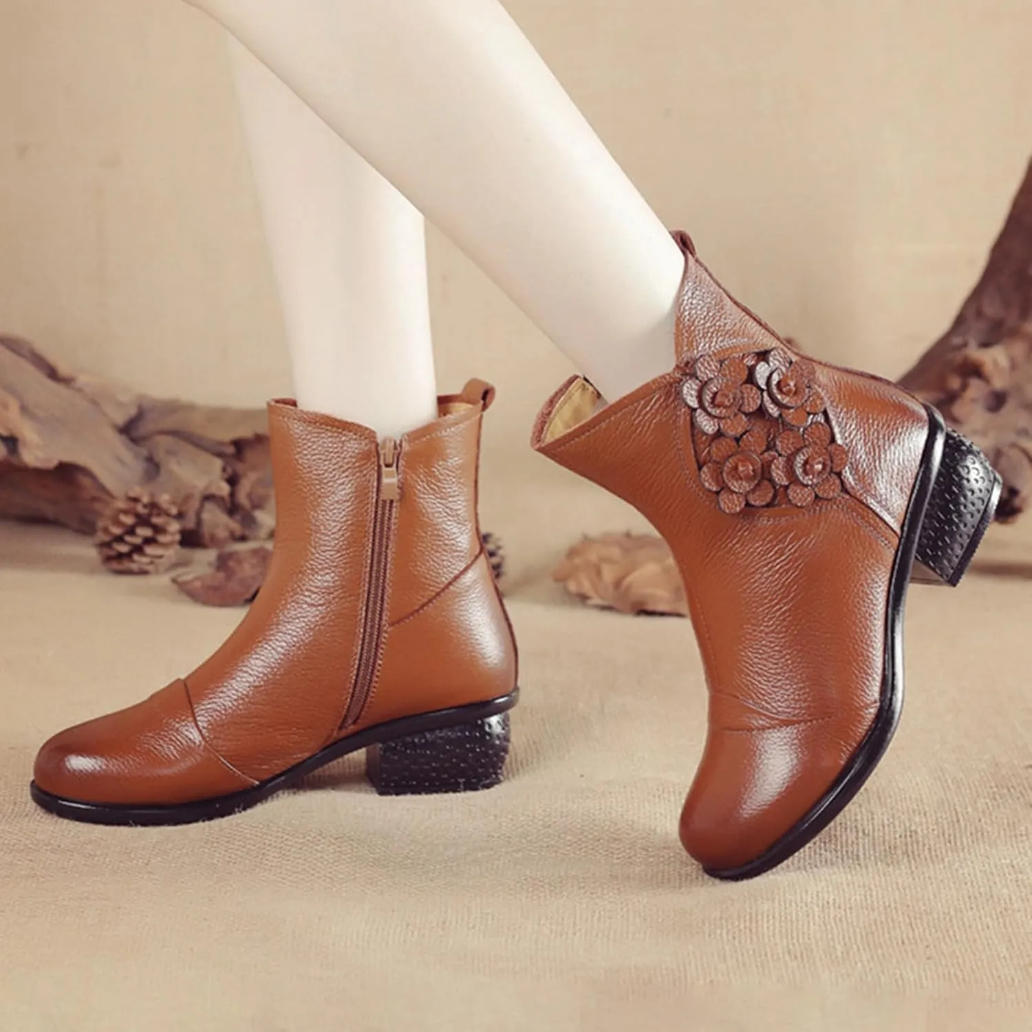 MOYOWEI Women's Leather Zipper Casual Dress Boots,Fall/Winter Comfort Chunky Block Soft Sole Flowers Oxford Short Ankle Boots