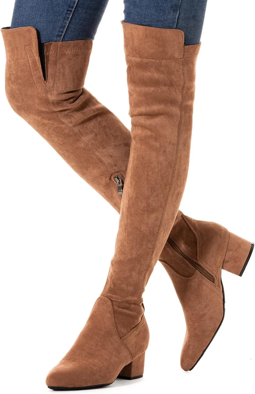 Mtzyoa Women Over The Knee Boots Suede Thigh High Low Block Heel Stretch OTK Walking Comfort