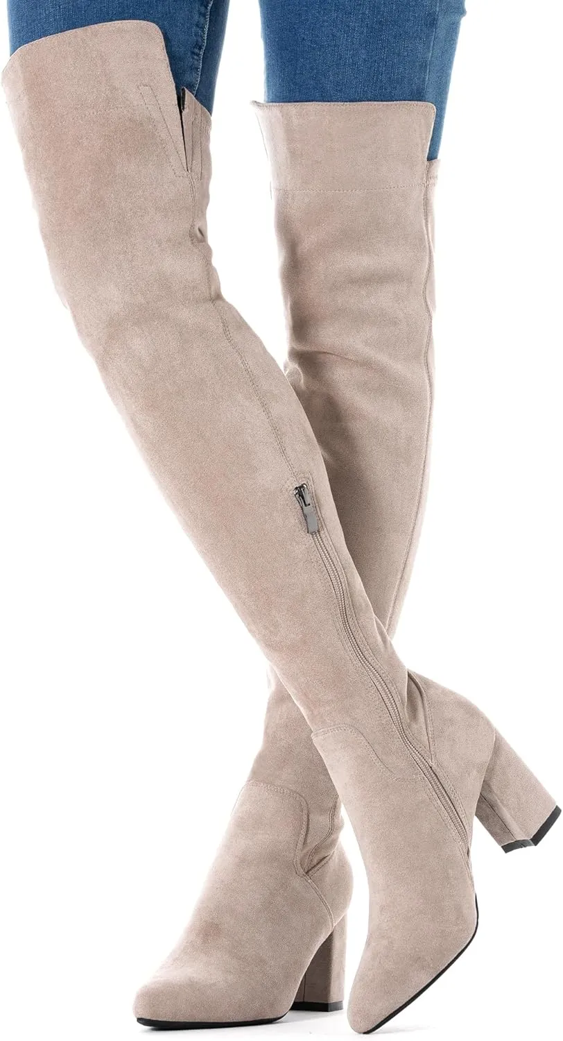Mtzyoa Women Over The Knee Boots Suede Thigh High Low Block Heel Stretch OTK Walking Comfort