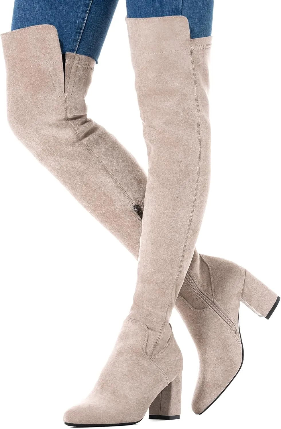 Mtzyoa Women Over The Knee Boots Suede Thigh High Low Block Heel Stretch OTK Walking Comfort