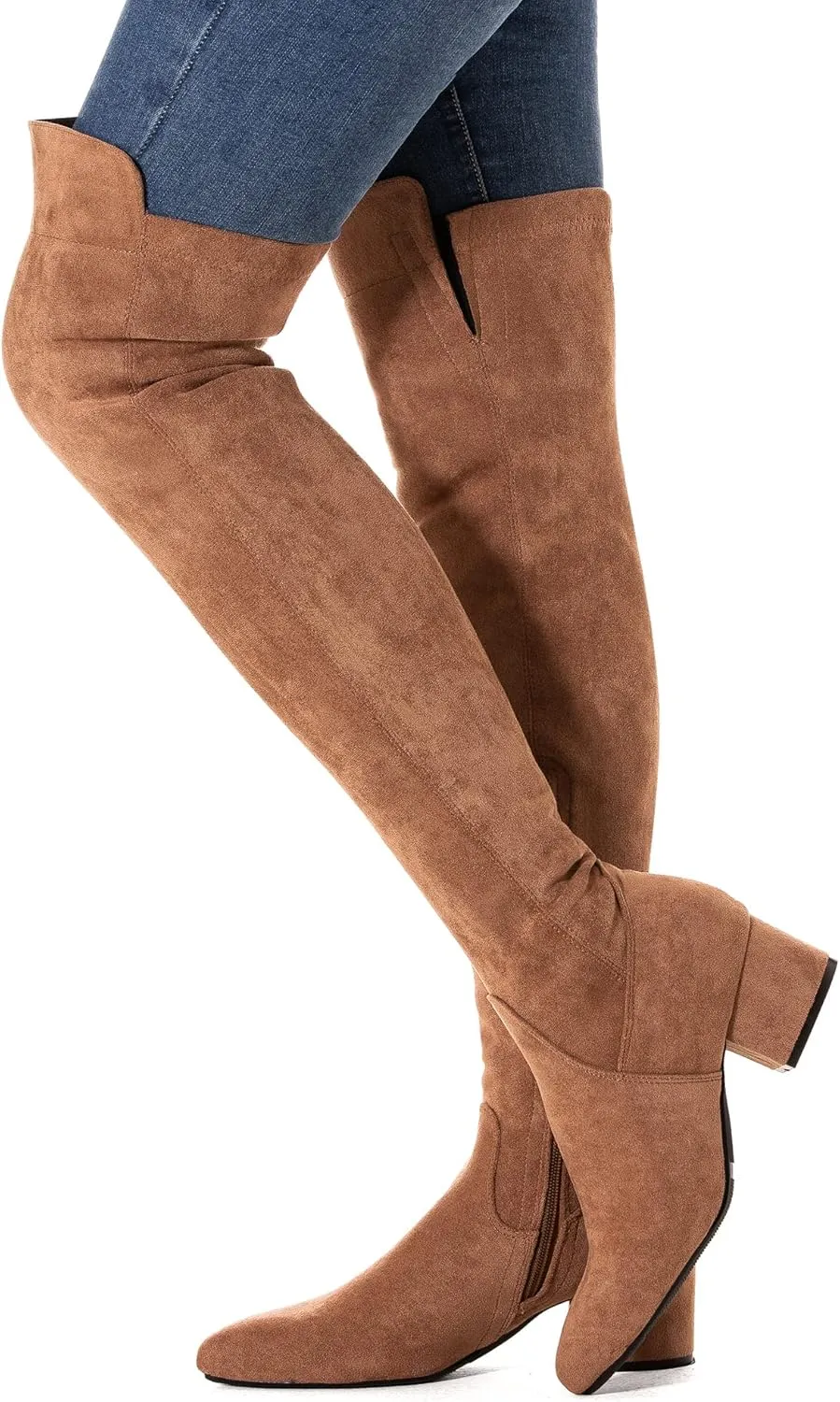 Mtzyoa Women Over The Knee Boots Suede Thigh High Low Block Heel Stretch OTK Walking Comfort