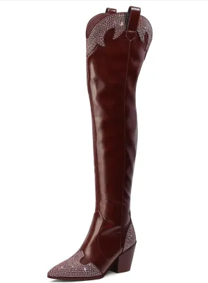 MUCCCUTE Cowboy Boots for Women Black Thigh High Boots - Fashion Cowgirl Over The Knee Boots with Rhinestone - Pointed Toe Chunky Heels Side Zipper Fall Tall Boots for Ladies