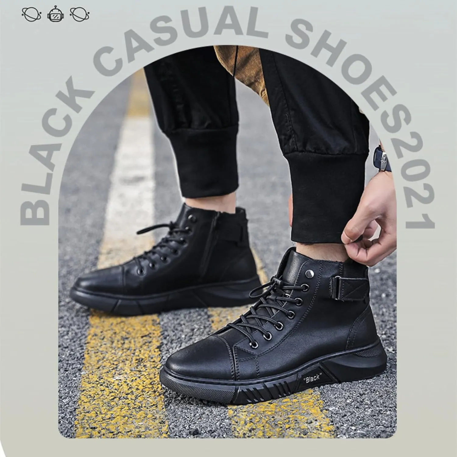 Myallfeet Men's Classic Italian High Top Cashmere Leather Boots Non-Slip Shock Absorber Side Zipper Business Ankle Boots Classic Fashion Casual Round Toe Leather Chukka Boots