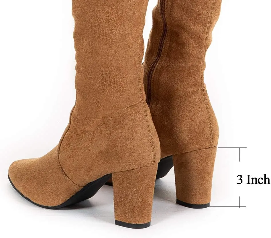N.N.G Women Over the Knee Boots Thigh High Suede Black Long Block Winter Chunky Above The Knee Pointed toe Boots
