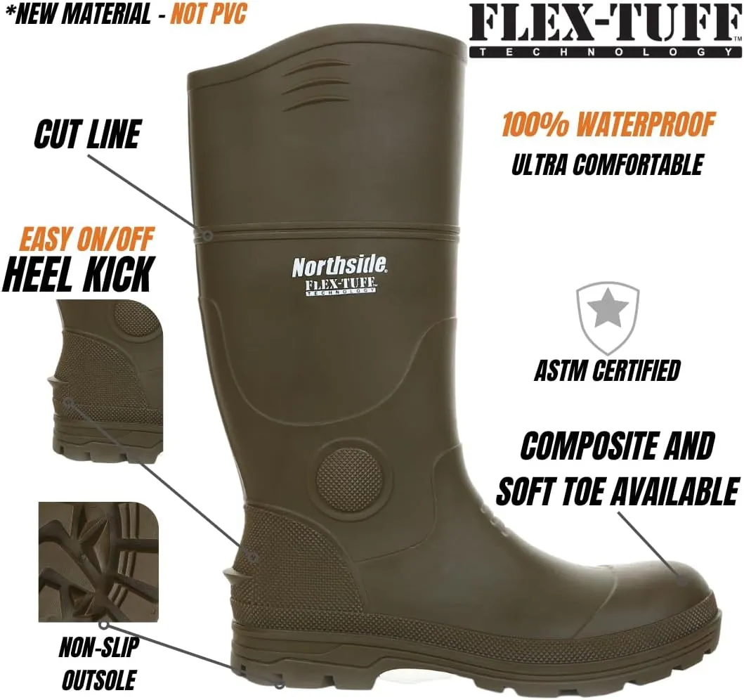 Northside Mens Walcot FLEX-TUFF Waterproof Rubber Boot- All-Day Comfort Cushioned Insole, Traction Outsole with Heel Kick, Dark Brown, 15
