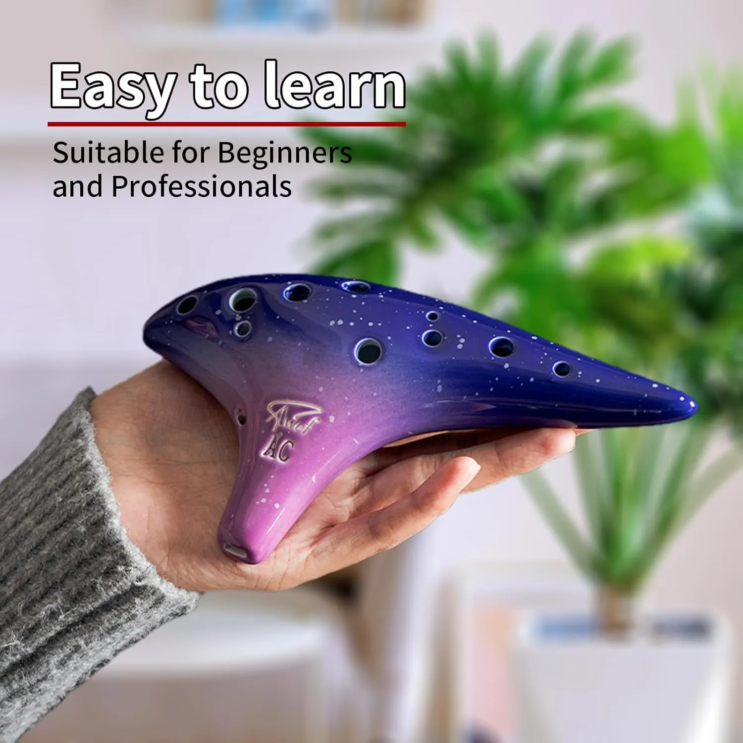 “Ocean Notes” 12 Hole Sweet Potato Ocarina Graceful Shape Pottery Ocarina in Alto C (Starry Purple)