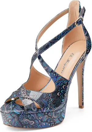 Oh Mispares Platform High Heel Sandals Peep Toe Stiletto Crisscross Strappy Buckle 5 inch Heels Dressy Heeled Sandals for Women/Girls