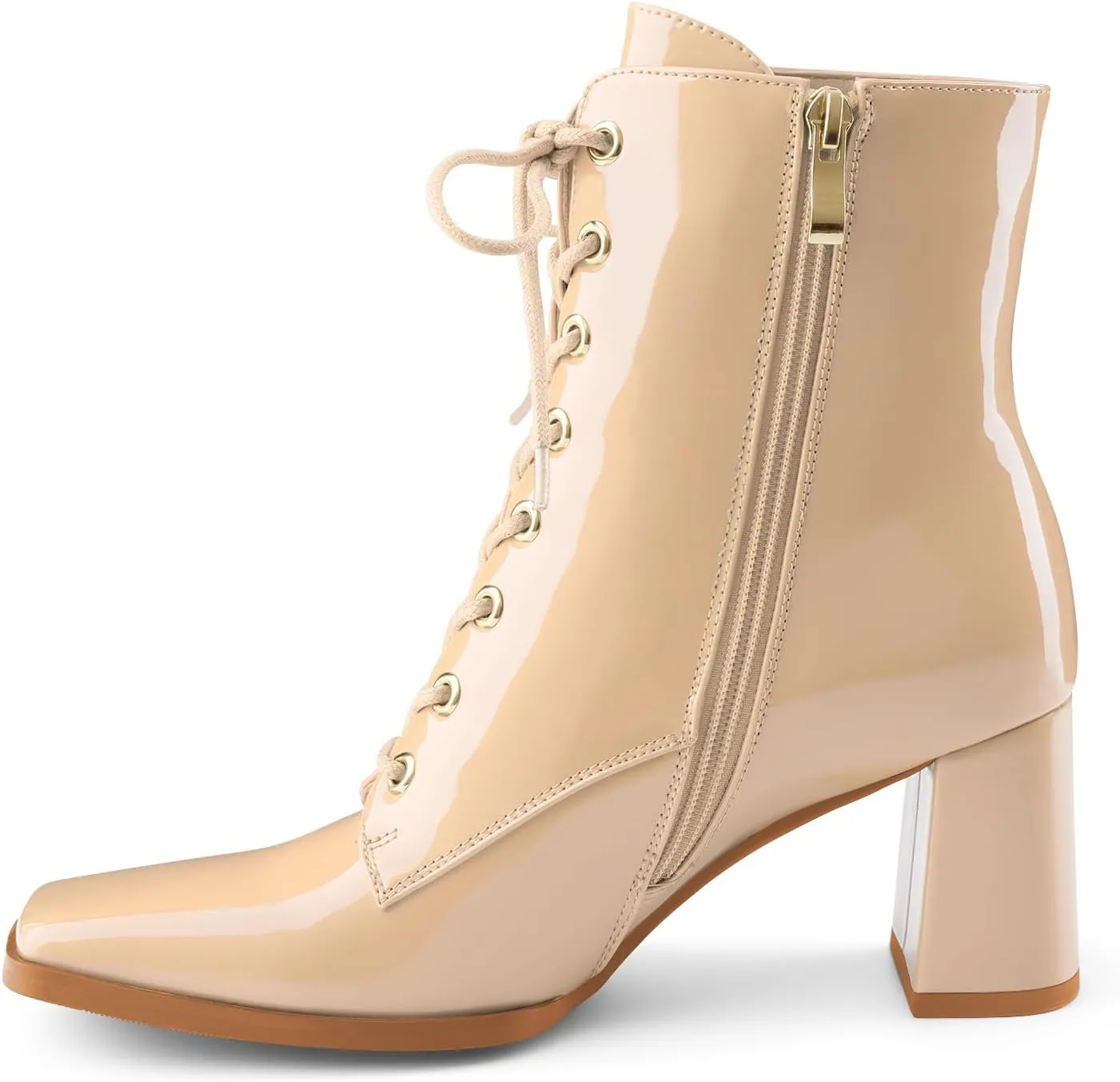 Oh Mispares Women's Chunky Heel Ankle Boots Square Toe Lace-up Chunky Block Heeled Side Zipper Short Booties Comfortable Walking Boot Shoes