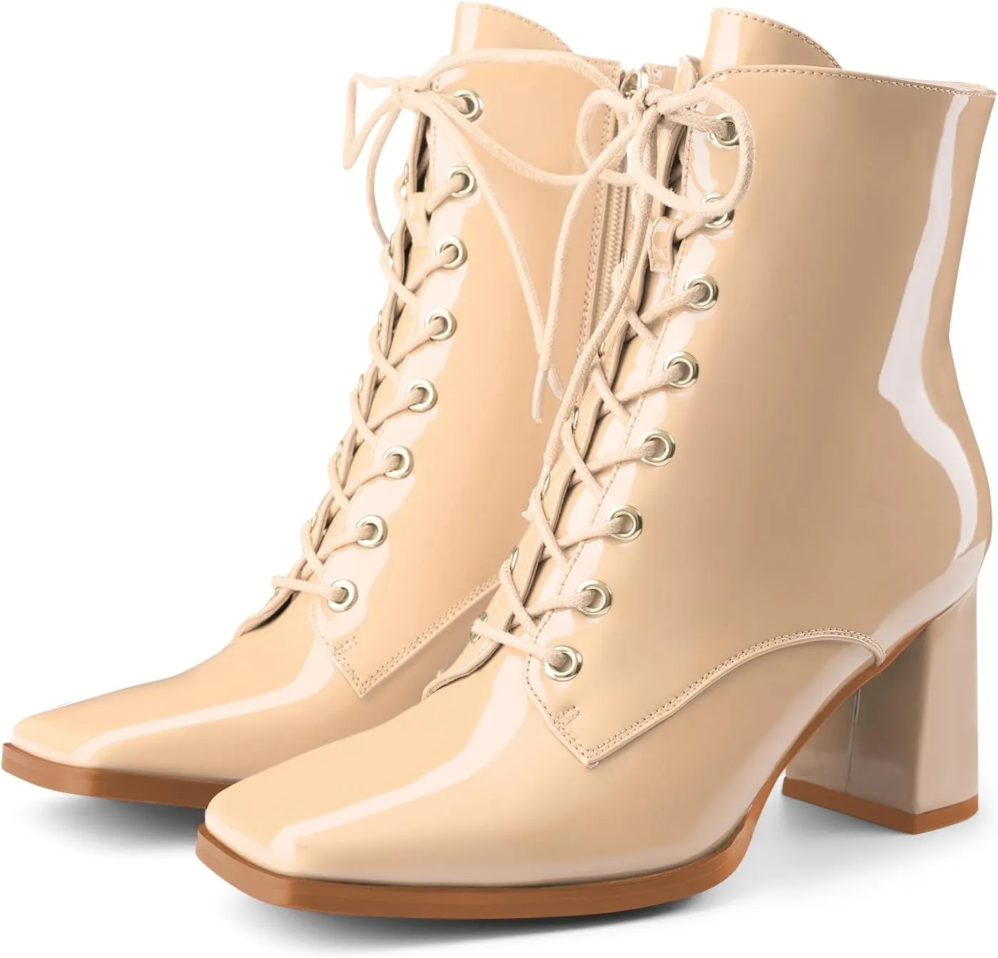 Oh Mispares Women's Chunky Heel Ankle Boots Square Toe Lace-up Chunky Block Heeled Side Zipper Short Booties Comfortable Walking Boot Shoes