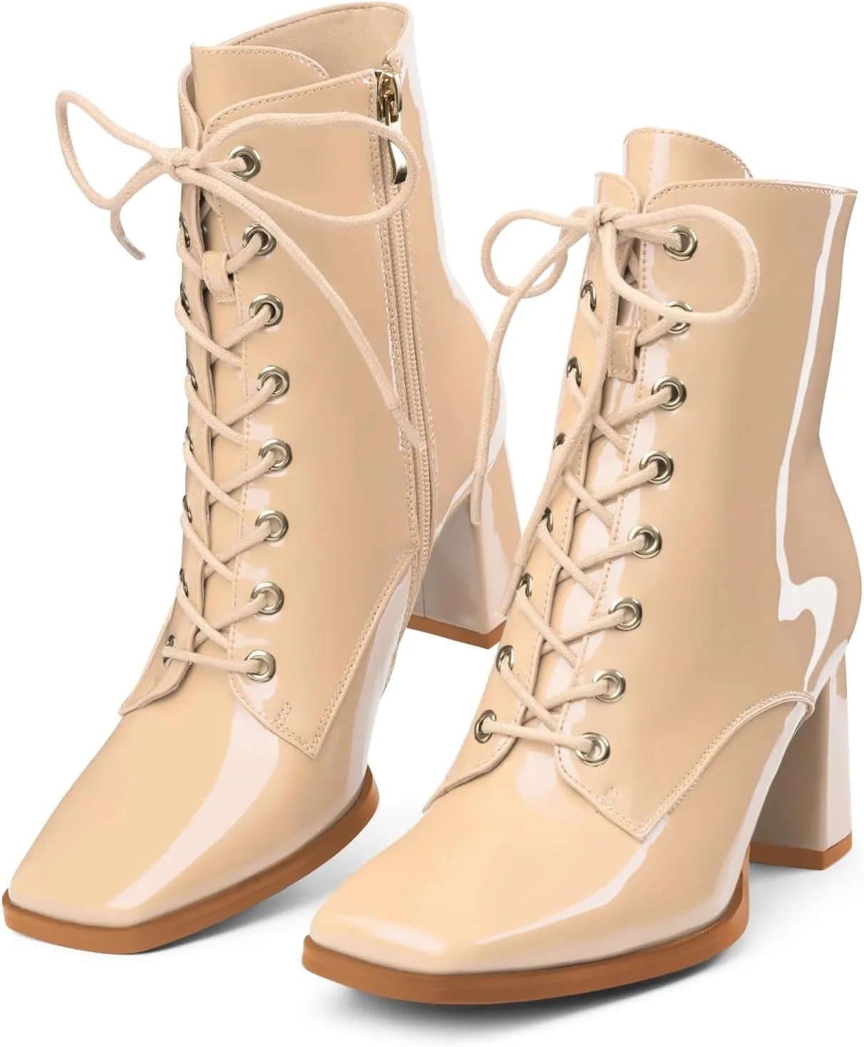 Oh Mispares Women's Chunky Heel Ankle Boots Square Toe Lace-up Chunky Block Heeled Side Zipper Short Booties Comfortable Walking Boot Shoes