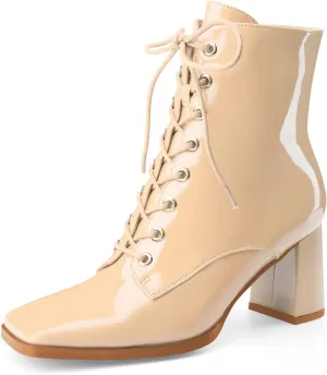 Oh Mispares Women's Chunky Heel Ankle Boots Square Toe Lace-up Chunky Block Heeled Side Zipper Short Booties Comfortable Walking Boot Shoes
