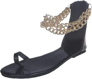 oiangi Toe Ring Sandals for Women Flat Summer Casual Metal Chain Ankle Straps Back Zipper Open Toe Sandals Comfy Snake Print Ladies Shoes Flip Flops