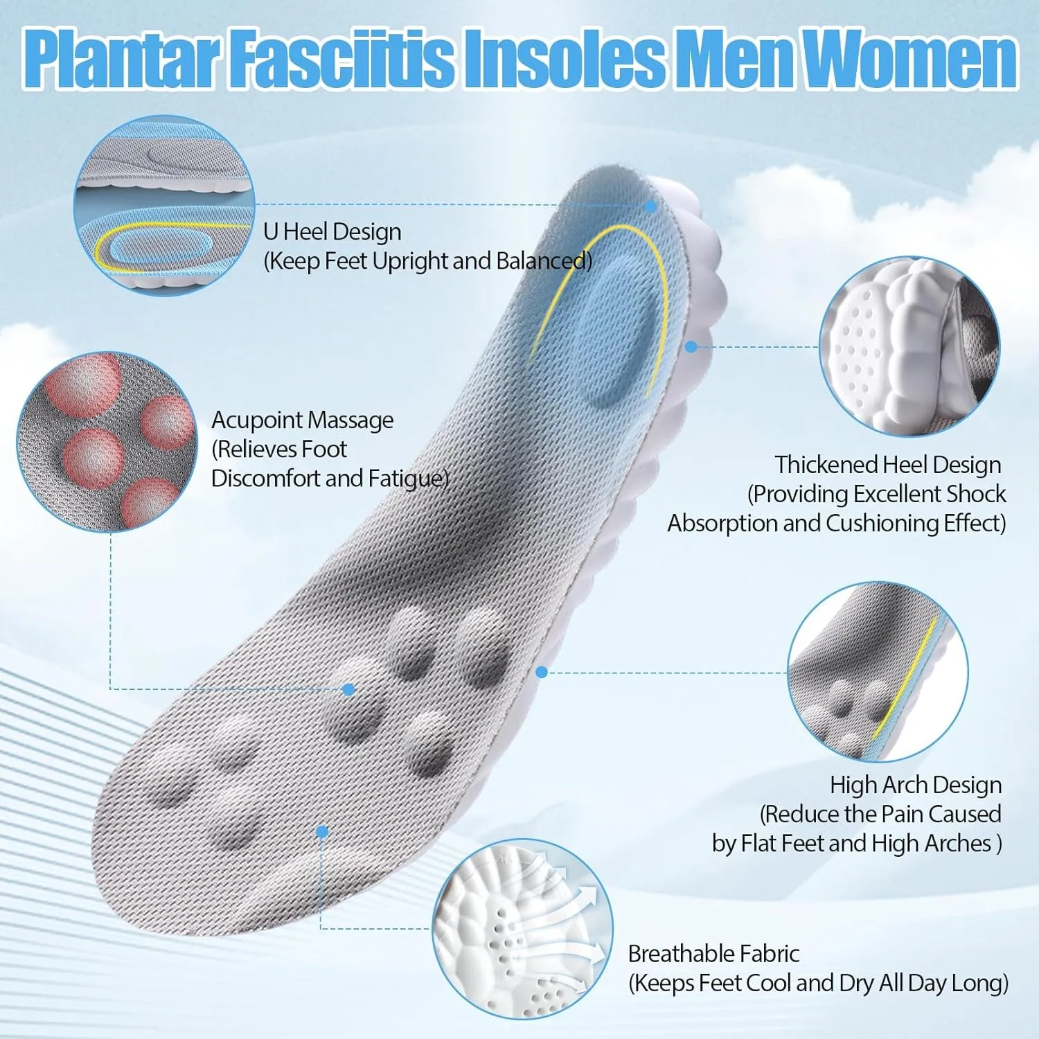 Orthopedic Insoles for Women & Men - Plantar Fasciitis Insoles - Sports Shoe Insoles - 4D Cloud Insole, Anti Fatigue, Shock Absorption, Foot Pain Relief (Black Grid, Women: US 4-8.5)