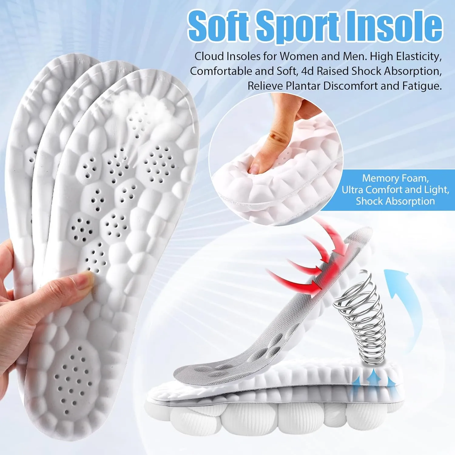 Orthopedic Insoles for Women & Men - Plantar Fasciitis Insoles - Sports Shoe Insoles - 4D Cloud Insole, Anti Fatigue, Shock Absorption, Foot Pain Relief (Black Grid, Women: US 4-8.5)