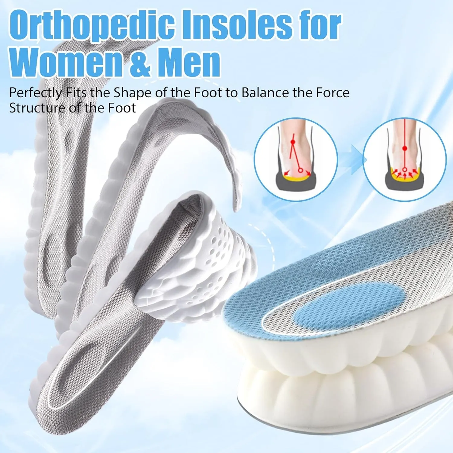 Orthopedic Insoles for Women & Men - Plantar Fasciitis Insoles - Sports Shoe Insoles - 4D Cloud Insole, Anti Fatigue, Shock Absorption, Foot Pain Relief (Black Grid, Women: US 4-8.5)