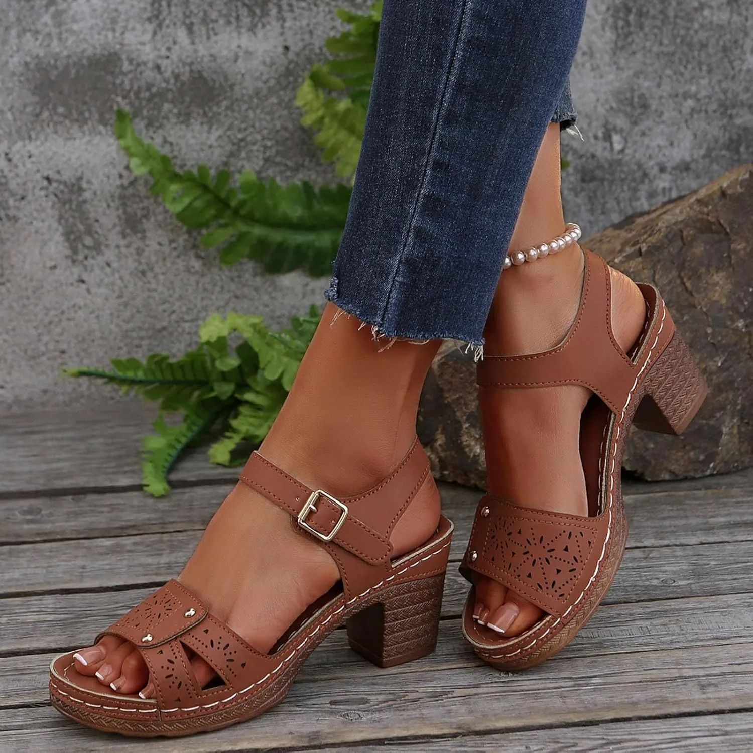 Orthopedic Wedge Sandals for Women Comfortable,Fashion Chunky Heels Sandals Women Comfy Open Toe Block Heeled Sandals Ankle Strappy Corks Heels Chunky Platform Heels for Women Summer Dress Shoes ﻿
