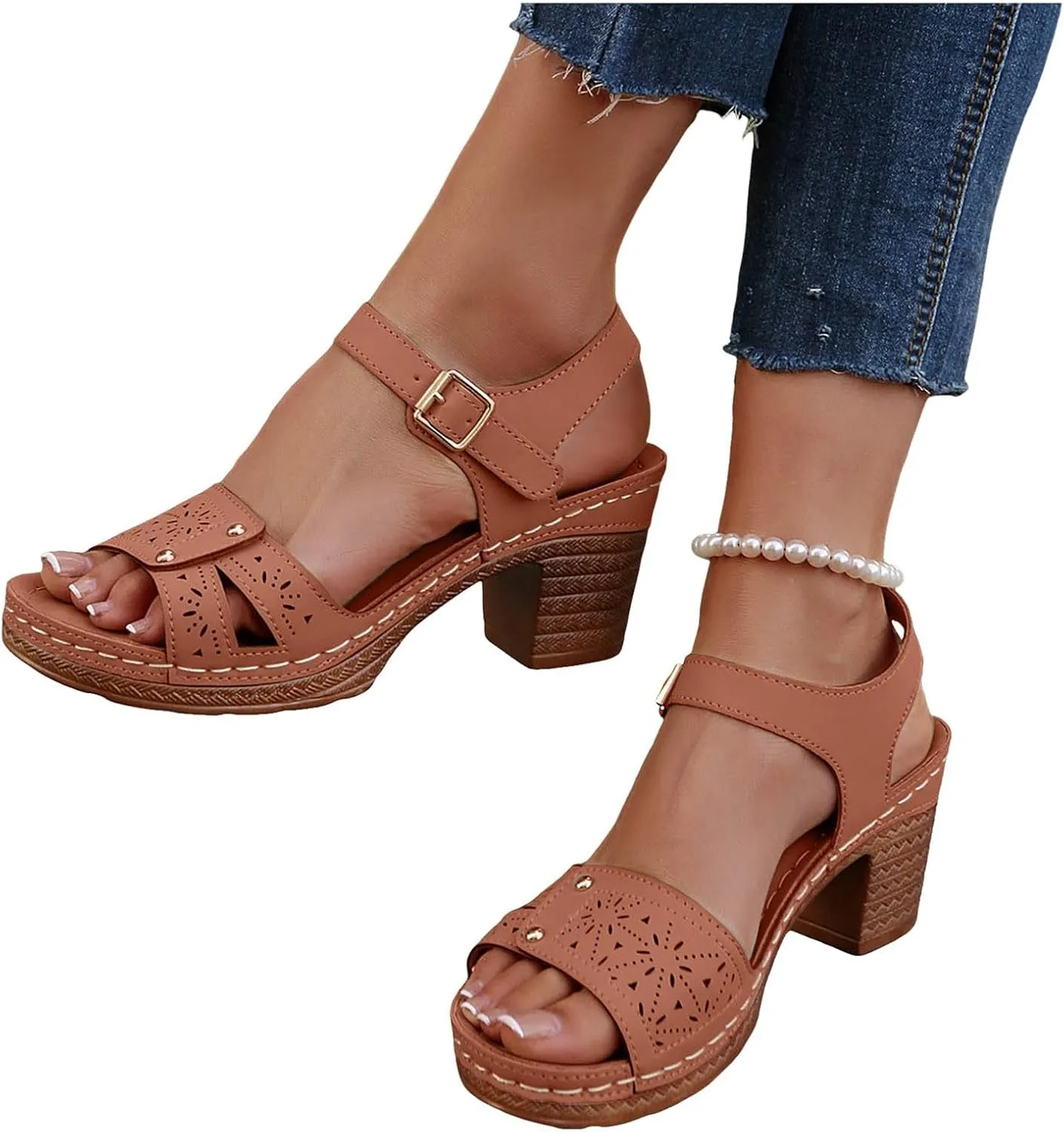 Orthopedic Wedge Sandals for Women Comfortable,Fashion Chunky Heels Sandals Women Comfy Open Toe Block Heeled Sandals Ankle Strappy Corks Heels Chunky Platform Heels for Women Summer Dress Shoes ﻿