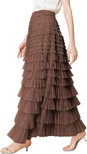 PEHMEA Women's Tiered Tulle Midi Skirt Elastic High Waist Flowy A-Line Maxi Skirts with Ruffle Layers for Party Wedding Daily