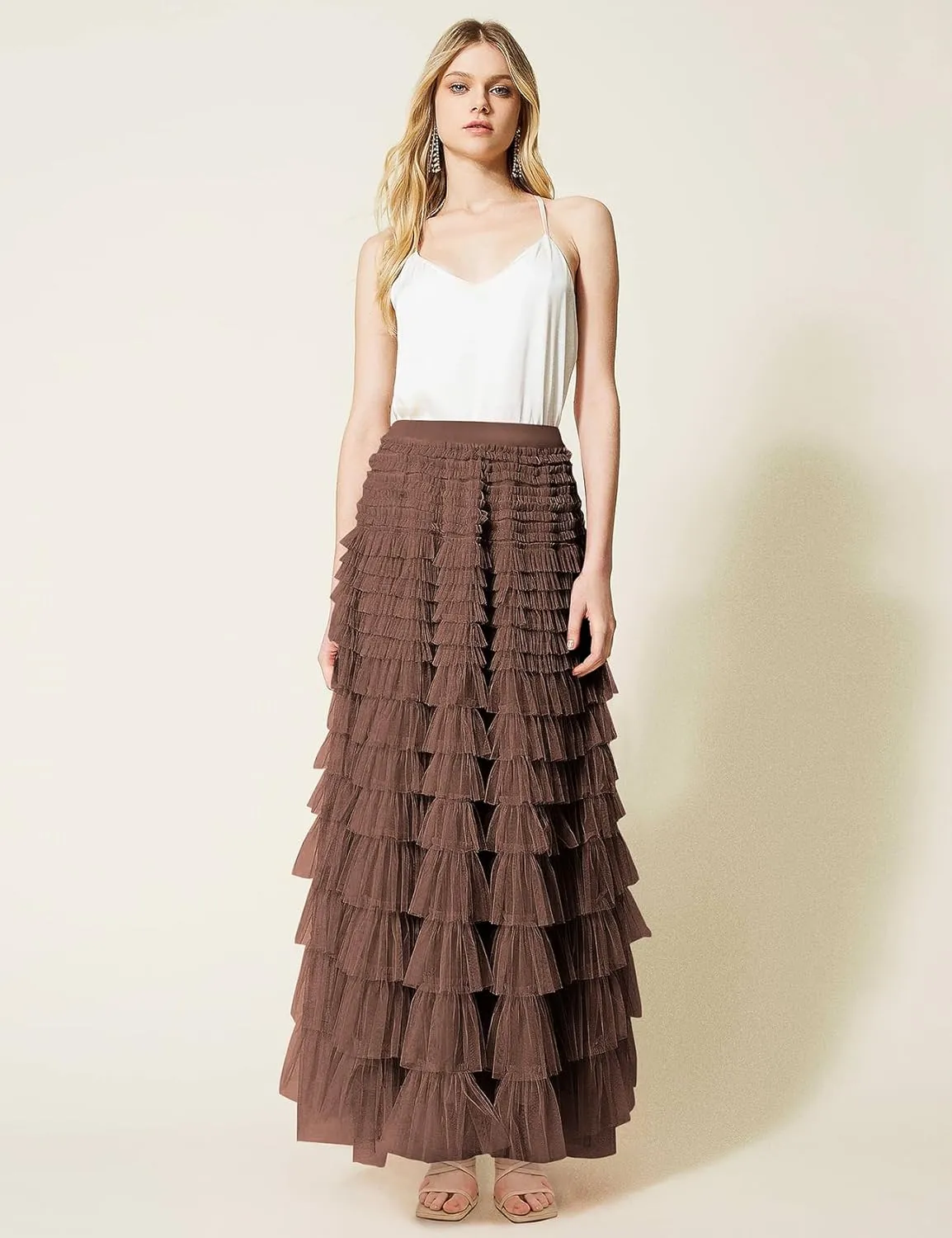 PEHMEA Women's Tiered Tulle Midi Skirt Elastic High Waist Flowy A-Line Maxi Skirts with Ruffle Layers for Party Wedding Daily